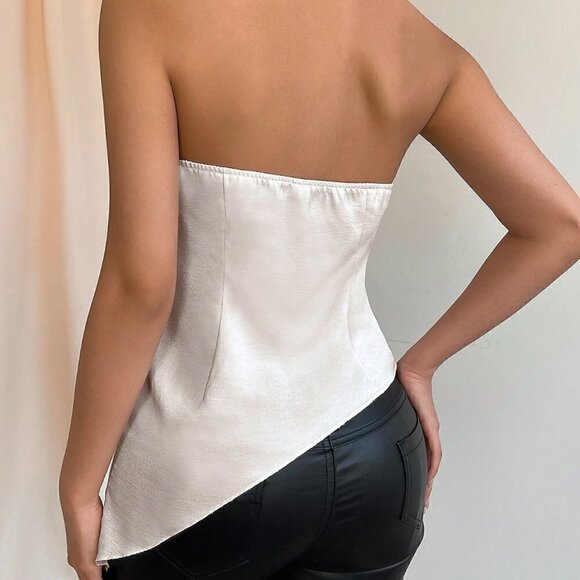 White Preppy Women's Satin Draped Neck Asymmetric Hem Halter Top - Picture 2 of 6